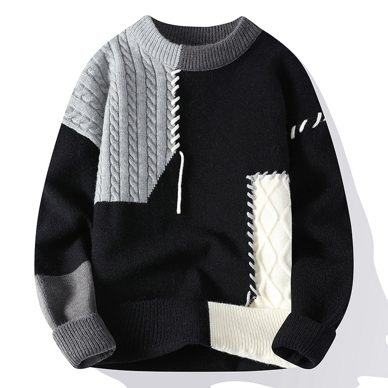 Ins Colorblock Pullover Sweater Winter Fashion Long Sleeve Knitted Top Men's Clothing